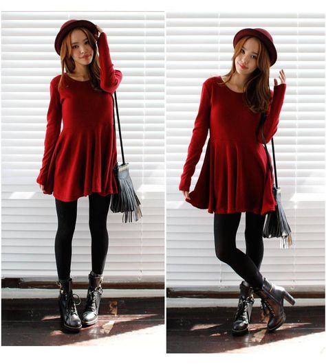 long sleeve red dress with black leggings and boots Mini Dress With Leggings, Short Dress With Leggings, Red Tunic Dress, Leggings And Converse, Sweater Dress Leggings, Black Lace Boots, Red Sweater Dress, Red Long Sleeve Dress, Short Dress Styles