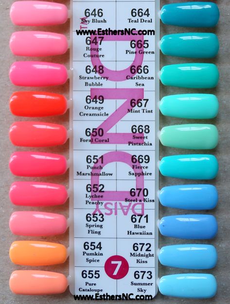 Dnd Shellac Colors Summer, Nail Color Ideas Gel, Dnd Gel Color Swatches, Neon Nail Polish Colors, Summer Colours For Nails, Summer Nail Color Ideas Gel, Dc Nail Polish Colors Summer, Dnd Tiffany Blue Gel Polish, Summer Polish 2024