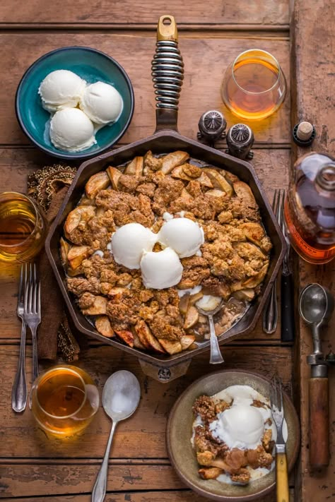 Smoked Skillet Apple Maple Bourbon Crisp | Dennis The Prescott Traeger Apple Crisp, Smoked Apple Dessert, Smoked Apple Cobbler, Bbq Deserts, Dennis Prescott, Witchy Recipes, Traeger Cooking, Dieting Plan, Pellet Smoker Recipes