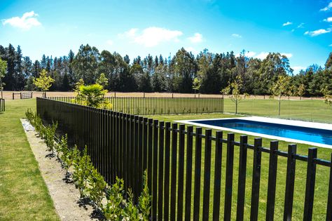 The unique design of DuraPanel Axis Aluminium Fences create a ‘floating vertical’ effect for a modern, linear look for pools and garden fences. #axispoolfence #axis #poolfence #poollandscape Pool Fencing Landscaping, Aluminum Pool Fence, Kidney Shaped Pool, Pool Fencing, Landscaping Retaining Walls, Round Pool, Fencing & Gates, Rectangular Pool, Fence Styles