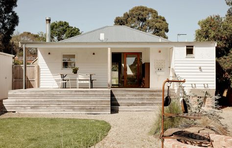 A Renovated 1950s Cottage Hits The Market In Victoria’s Otways 1950s Cottage, 50s Home Decor, 50s Home, Oak Floorboards, Banquet Seating, Hot House, Cottage Exterior, Country Cottage Style, Beautiful Cottages