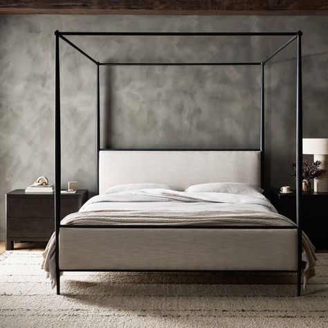 Xander Canopy Bed Savoy Parchment Four Hands Black Iron Canopy Bed, King Canopy Bed, Black Canopy Bed, Iron Canopy Bed, West Elm Bedding, Headboard Upholstered, Four Poster Bed, Four Poster, Poster Bed