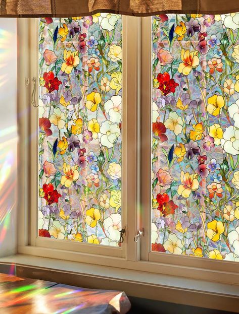 Stained Glass Window Slim Patch PVC Double sided Colored Plant and Flower Removable Window Patch 2024 - $17.99 Colourful Glass Window, Stained Glass Contact Paper, Window Flowers Indoor, Stained Glass Stickers For Windows, Gallery Glass Window, Stained Glass Curtains, Stained Glass Window In Kitchen, Stained Glass Diy Window, Floral Stained Glass Windows