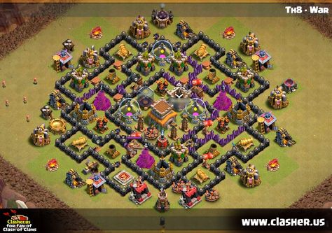 Town Hall 8 - WAR Base Map #27 Clash Of Clans Town Hall 8 Base, Town Hall 8 Base Layout, Town Hall 6, Base Ideas, Clash Of Clans, Town Hall, Brawl Stars, Cali, Layout