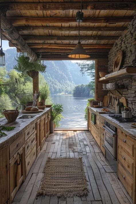 Kitchen Remake, Medieval Theme, Lakeside Cottage, Rustic Home Design, Room Goals, Country Scenes, Fireplace Ideas, Fantasy House, Outdoor Kitchens