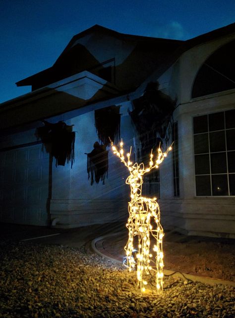 ⚡Expecto Patronum⚡Harry Potter Patronus Halloween decorations  - we used our Christmas reindeer decor to ward off the Dementors. Harry Potter Halloween Exterior Decorations, Harry Potter Themed Front Porch, Outdoor Harry Potter Christmas Decor, Harry Potter Halloween Front Yard, Diy Halloween Decorations Outdoor Harry Potter, Harry Potter Christmas Outdoor Decorations, Halloween Harry Potter Decorations Outdoor, Hogwarts Halloween Decorations Outdoor, Spooky Harry Potter Decor