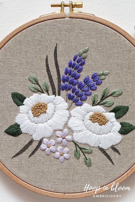 Wild lupine and peony bouquet embroidery PDF pattern. #embroidery #lupineembroidery #floralembroidery #peonyembroidery Embroidery Kit Packaging, Wild Lupine, Pdf Pattern Embroidery, Bouquet Embroidery, Unicorn Cross Stitch Pattern, Fabric Pattern Design, Thread Needle, Textile Art Embroidery, Peony Bouquet