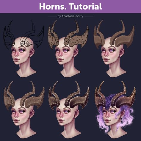 Horns. Tutorial | Patreon Hair With Horns, Drawing Horns, Horns Reference, Horns Drawing, Magic Tutorial, How To Shade, Digital Art Tutorial, How To Draw Hair, Dnd Characters