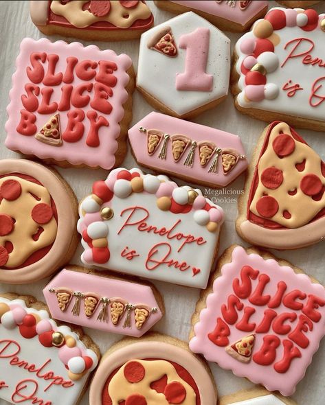 Slice Slice Baby Cookies, Pizza Theme Cookies, Pizza Party Cookies, First Slice Birthday Party, Pizza Sugar Cookies Decorated, 1st Birthday Pizza Theme, Pizza 1st Birthday Party, Slice Slice Baby Pizza Party, First Birthday Pizza Party Theme