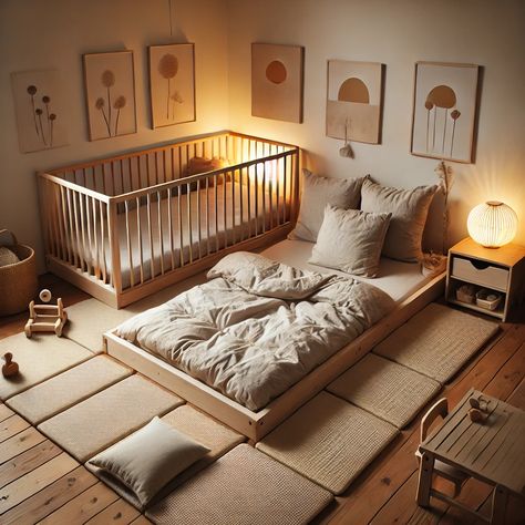 A cozy Montessori-inspired bedroom for a 9-month-old baby, featuring a low wooden floor bed with neutral-colored bedding, cushioned mats for safety, wooden toys, a small book shelf, and minimalist wall decor in a warm, inviting space. King Floor Bed, Floor Bed Ikea, Montessori Principles, Shelf For Books, Montessori Nursery, Montessori Floor Bed, Toddler Floor Bed, Japanese Baby, Montessori Bedroom