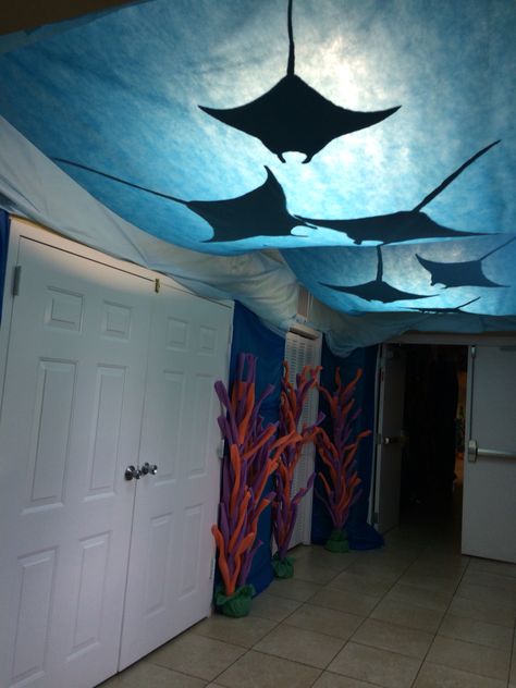 Ocean Floor Decorations, Under The Sea Sensory Room, Cheap Under The Sea Decorations, Deep Sea Decorations, Shipwreck Vbs, Group Vbs 2024 Scuba, Under Water Aesthetic, Under The Sea Hallway Decorations, Submerged Vbs Decorations