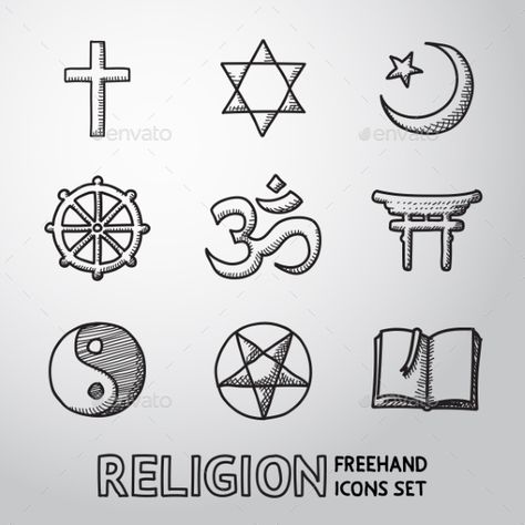 World religion hand drawn symbols set with christian, Jewish, Islam, Buddhism, Hinduism, Taoism, Shinto, pentagram, and book as s Cross Drawing, Ace Of Pentacles, Symbol Drawing, School Icon, History Classroom, Hand Drawn Icons, Religious Symbols, Sketch Notes, World Religions