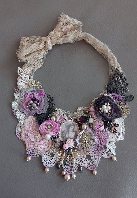 Gorgeous Shabby Chic Jewelry and Handbags by ShabbyRomanticArt Fabric Flower Necklace, Textile Collage, Shabby Chic Jewelry, Bijoux Art Nouveau, Hand Dyed Silk Ribbon, Style Shabby Chic, Floral Handbags, Vintage Jewelry Crafts, Braided Necklace