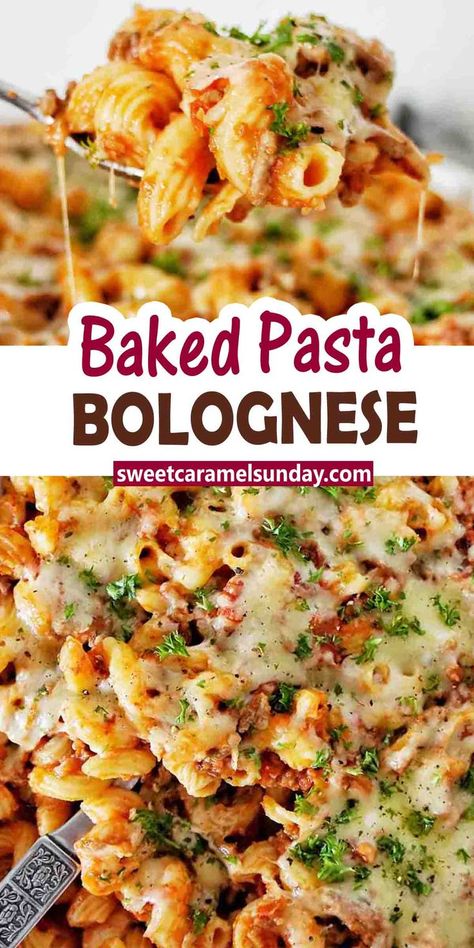 Spoon holding bolognese pasta over baking dish of the same with text label Beef Bolognese Sauce, Bolognese Pasta Bake, Beef Bolognese, Tomato Beef, Ground Beef Pasta Recipes, Bolognese Pasta, Creamy Spaghetti, Favorite Pasta Recipes, Creamy Pasta Recipes