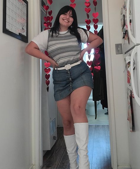 Midsize ootd with Jean skirt, sweater vest, and white gogo boots Midsize Jean Skirt Outfit, Gogo Boots With Jeans, White Gogo Boots Outfit, Gogo Boots Outfit, Midsize Ootd, White Gogo Boots, Jean Skirt Outfits, Skirt Sweater, Boots Fit