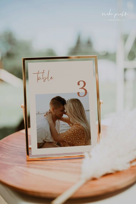 Fun Wedding Table Decorations, Picture Frame Table Numbers, Wedding Table Numbers With Pictures, Terracotta Wedding Table, Boho Table Numbers, Number Cards Printable, Photos Template, Table Number Ideas, Photo Table Numbers