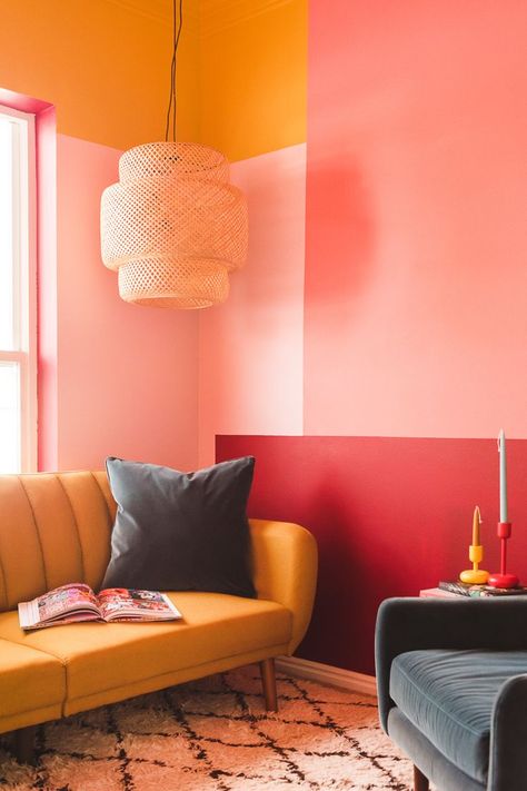 Colorblock guest room makeover with Behr - The House That Lars Built Guest Room Makeover, Ruang Tv, Set Sofa, Design Del Prodotto, Orange And Pink, Cheap Home Decor, Room Colors, Living Room Inspiration, Decoration Design