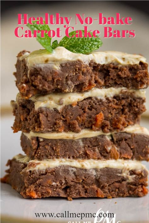 Healthy No-bake Carrot Cake Bars, this recipe taste like a decadent dessert but they're a simple, one-bowl, no-bake, healthy treat! #healthy #carrotcake #recipe #dessert #snack #protein #callmepmc No Bake Carrot Cake, Carrot Cake Dessert, Pumpkin Pie Shake, Nut Roll Recipe, Coconut Poke Cakes, Carrot Cake Bars, Baked Carrots, Recipe Dessert, Raw Desserts