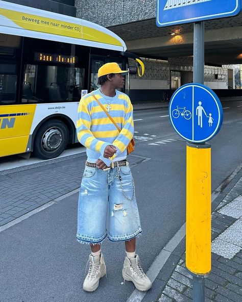 men’s edition inspo 💫 Yellow Jeans Outfit, Men Fashion Photoshoot, Streetwear For Men, Trendy Boy Outfits, Instagram Men, Denim On Denim, Aesthetic Streetwear, Dope Outfits For Guys, Street Style Outfits Men