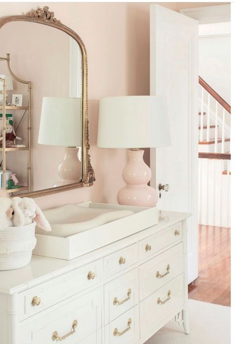 Design An Eclectic Blush Pink Nursery - The Resplendent Home Vintage Bamboo Furniture, Baby Nursery Room Ideas, Nursery Dresser Decor, Pink Baby Nursery, Nursery Room Ideas, Blush Pink Nursery, Baby Nursery Room, Girly Nursery, Baby Nursery Inspiration