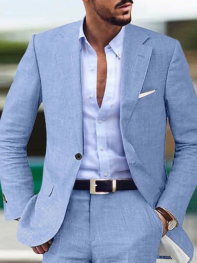 Men's Linen Suits Summer Beach Wedding Suits 2 Piece Solid Colored Tailored Fit Single Breasted Two-buttons 2024 2024 - $93.99 Summer Groom, 2023 Beige, Blue Linen Suit, Linen Suits For Men, Beach Wedding Suits, Prom For Guys, Groom Suits, Light Blue Suit, Prom Suits For Men