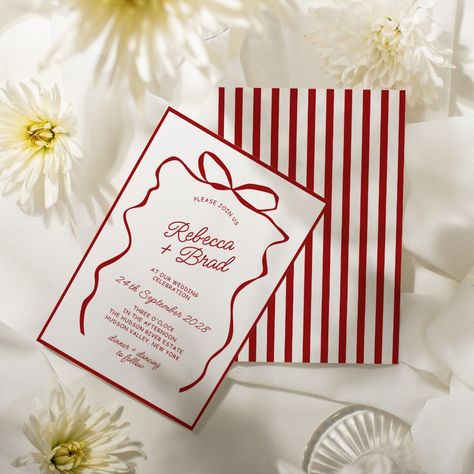 Featuring delicate hand-drawn bows and ribbons, this Hand Drawn Bow Ribbon Sketch Wedding Invitation offers a truly charming aesthetic that is sure to captivate your guests. Its whimsical design and vintage-inspired elements add a touch of nostalgia and elegance to your special day, setting the perfect tone for a romantic celebration. Customizable and easy to personalize, you can tailor every detail to reflect your unique style and vision. Be sure to explore the accompanying collection for addit Wedding Invitation Romantic, Red And White Theme Party, Bow Wedding Invitations, Ribbon Sketch, Coquette Invitation, Aesthetic Wedding Invitation, Muji Aesthetic, Simple Wedding Card, Wedding Invitation Unique