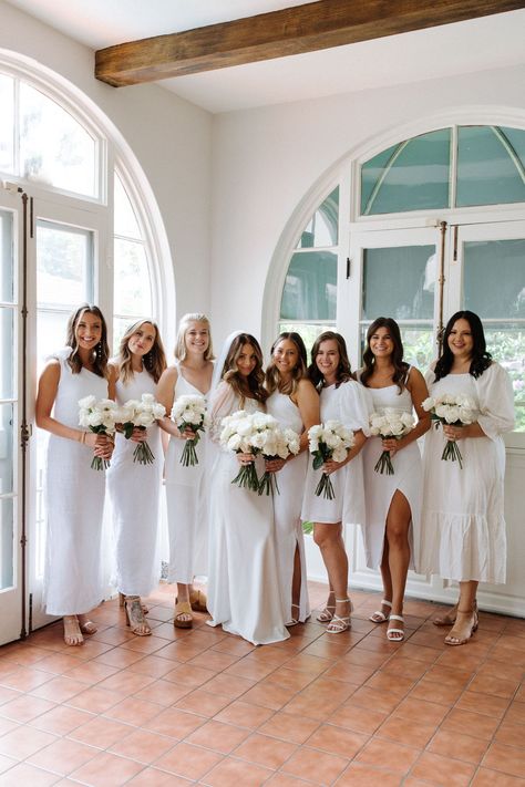 White bridesmaid dresses are so classy + uniform + needless to say, we are huge fans of this trend! White Linen Bridesmaids Dresses, White Mismatched Bridesmaid Dresses, White Midi Bridesmaid Dresses, White Linen Bridesmaid Dress, White Wedding Theme Bridesmaid Dresses, White Bridesmaid Dresses Mismatched, Ivory Bridesmaid Dresses Mismatched, White Wedding Bridesmaids Dresses, White Maid Of Honor Dress