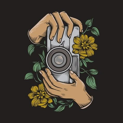 Vintage Camera, Premium Vector, Flowers, Black, Color