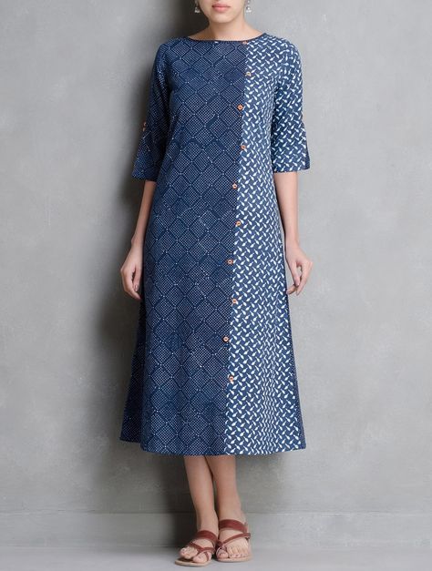 Buy Indigo Ivory Coral Dabu Printed Button Detail Cotton Dress by Indian August Online at Jaypore.com Sukienki Maksi, Kurta Patterns, Salwar Kamiz, Batik Fashion, Cotton Kurti Designs, Kurta Designs Women, Batik Dress, Dress Designer, Vestidos Vintage