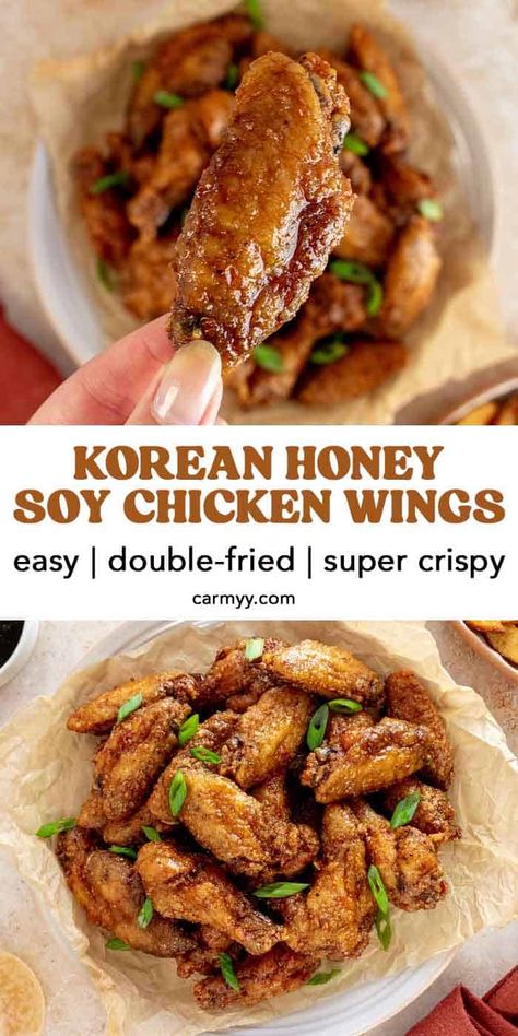 Double Fry Chicken Wings, Sticky Honey Chicken, Soy Chicken Wings, Easy Prep Meals, Honey Soy Chicken Wings, Korean Fried Chicken Wings, Korean Chicken Wings, Asian Chicken Wings, Cheesy Chicken Recipes