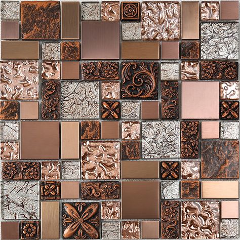 Rose Gold Resin Metallic Glass Mosaic Tile HXL09 Copper Mosaic Backsplash, Metal Backsplash, Metal Tile Backsplash, Bronze Tiles, Patterned Tile Backsplash, Rose Gold Kitchen, Metal Mosaic, Mosaic Backsplash Kitchen, Metal Mosaic Tiles