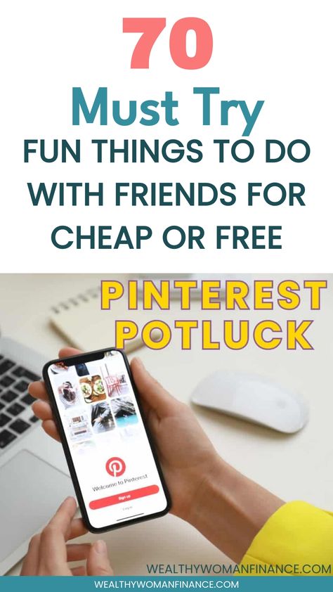 Person holding a smartphone displaying the Pinterest app, with text overlay promoting budget-friendly activities with friends. Inexpensive Things To Do With Friends, Free Fun Things To Do, Free Things To Do With Friends, Things To Do With Friends, Frugal Family, Cheap Things To Do, Things To Do At Home, Friend Activities, Free Day