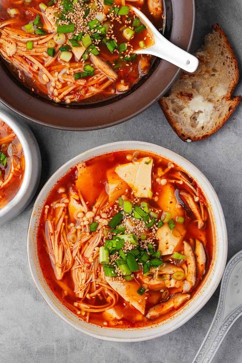 Sundubu Jigae (Vegan Korean Tofu Soup Recipe) - Cinnamon Snail Jigae Recipe, Sundubu Jjigae Recipe, Korean Tofu Soup, Korean Beef Stew, Sundubu Jjigae, Jjigae Recipe, Korean Tofu, Radish Kimchi, Vegan Kimchi