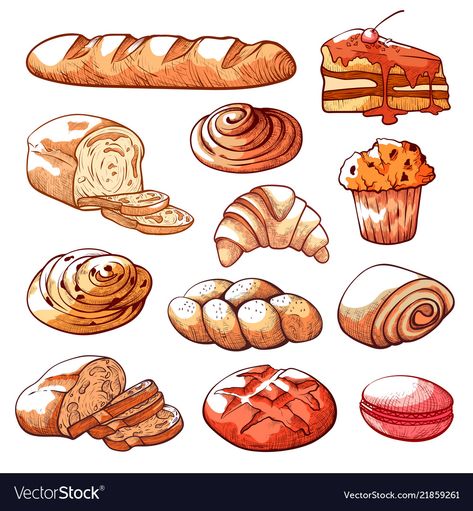 Vintage Bakery, Cake Illustration, Kitchen Decor Wall Art, Cute Food Art, Bakery Logo, Sweet Cookies, Food Stickers, Bread And Pastries, Bakery Cakes