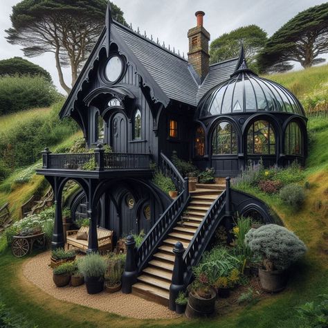 Image Creator Tiny Gothic House, Gothic Victorian Tiny House, Witchy House Exterior Modern, Gothic Tiny House Plans, Small Gothic Home Exterior, Black Gothic House Exterior, Alice In Wonderland Architecture, Gothic Tiny House Interior, Goth Sims House