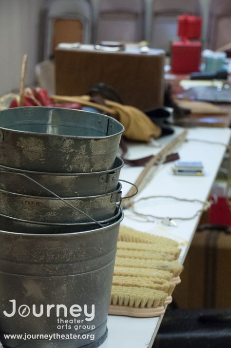 buckets, brushes  Annie Jr. 2014 #jtagshows #AnnieJTAG #proptable Annie Jr Props, Annie Props, Annie Musical, Annie Jr, The Music Man, Drama Club, Theatre Costumes, Set Ideas, Theatre Arts