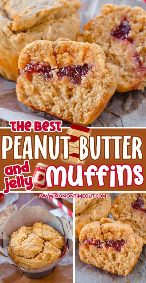 These delicious Peanut Butter and Jelly Muffins combine the rich, nutty taste of peanut butter with the sweetness of jelly in a soft, fluffy muffin! Perfect for breakfast or snacks, these muffins are a delicious twist on a classic favorite! | MomOnTimeout.com Peanut Butter And Jelly Snack Ideas, Healthy Peanut Butter Muffin Recipes, Peanut Butter And Jelly Cookies Easy, Peanut Butter And Jelly Breakfast, Peanut Butter And Jelly Muffins, Jelly Muffins, Peanut Butter Jelly Recipes, Jelly Bread, Homemade Muffins Recipe