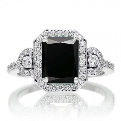 Fake Black Diamond Engagement Rings Black Diamond Engagement Ring Halo, Emerald Cut Solitaire Ring, Black Diamond Engagement, Cz Rings Engagement, Black Diamond Ring Engagement, Black Diamond Ring, Beautiful Engagement Rings, Halo Engagement Rings, Halo Diamond Ring