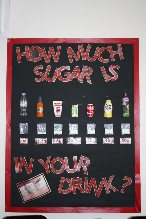 Healthy eating dining hall - sugar in drinks display. Sugar In Drinks Display, Healthy Eating School Project, Healthy Eating Display, Pe Diet, Sugar In Drinks, Drinks Display, Teaching Displays, Drink Display, How Much Sugar