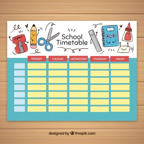 School timetable template with school elements Free Vector School Timetable Template, Timetable Design, Hand Template, School Elements, Class Schedule Template, Preschool Charts, Class Timetable, Timetable Template, School Timetable