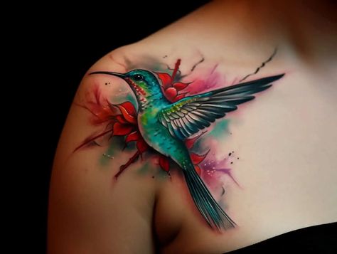 https://symbolicink.com/wp-content/uploads/2023/04/Hummingbird-Tattoo-Meaning-2.webp Hummingbird Tattoo Black, Colorful Hummingbird Tattoo, Hummingbird Tattoo Meaning, Hummingbird Flower Tattoos, Colorful Bird Tattoos, Watercolor Tattoo Sleeve, Symbols Of Strength Tattoos, Tattoo Watercolor, Tatuaje A Color