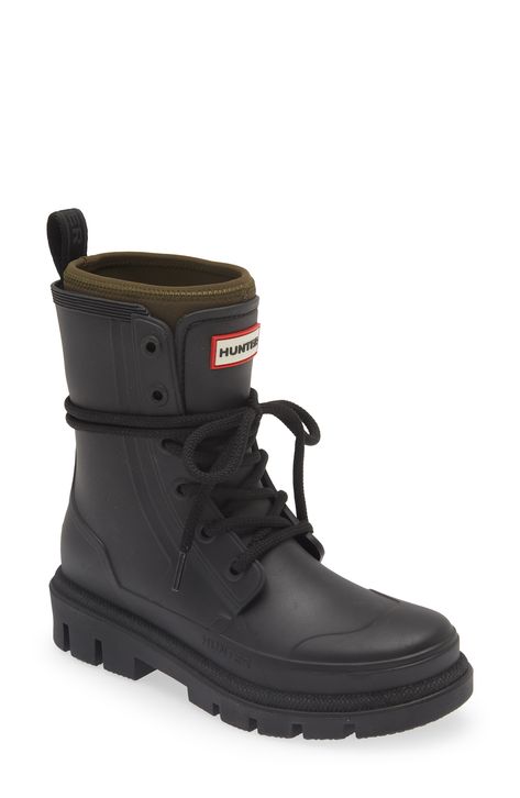 Hunter Diana Waterproof Rainboot available at #Nordstrom Work Boots Women, Boot Silhouette, Womens Work Boots, Humid Weather, Combat Boot, Women Hunters, Waterproof Shoes, Black Olive, Rain Boot