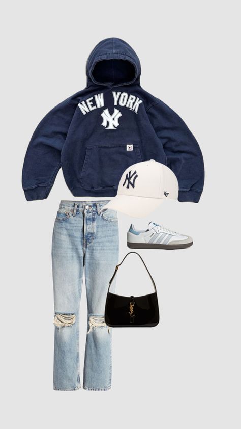 yankee game, yankee outfit, new york yankees hoodie, adidas sambas, yankees har, ysl purse, ripped jeans Yankee Game Outfit, Outfits With Sambas, New York Yankees Outfit, Outfits With Purses, Yankees Outfit, Yankees Hoodie, New York Streetwear, Ysl Purse, Yankee Fitted