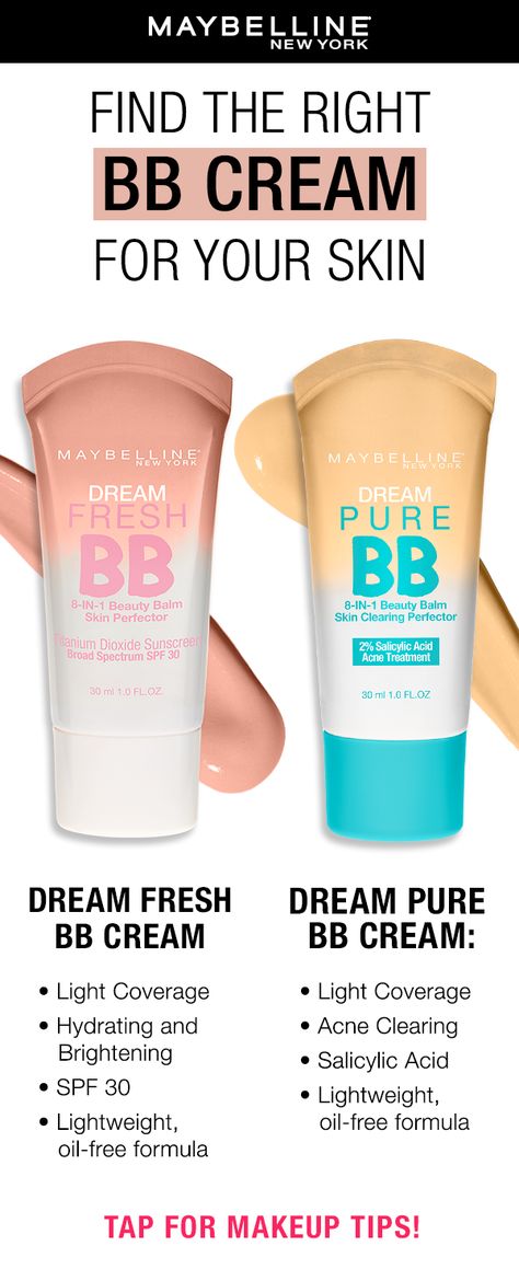 Don't want to wear a full face of foundation? Try Maybelline's Dream BB Cream! Dream BB Fresh and Dream BB Pure have a light coverage, oil-free and perfect for a natural-looking finish. Tap for more makeup tips! Maybelline Dream Bb Cream, Maybelline Dream Fresh Bb Cream, How To Apply Bb Cream, Bb Cream Makeup Look, Diy Bb Cream, Best Bb Cream, Maybelline Bb Cream, Bb Cream For Oily Skin, Light Coverage Foundation