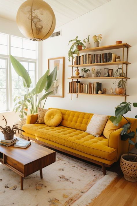 Muted Eclectic Living Room, Vibrant Color Interior Design, Colorful Boho Design, Living Room Decor Cozy Colorful, Lived In Living Room Decor, Boho Interior Style, Decorated Living Rooms Ideas, Gold Sofa Living Room Color Schemes, Whimsical Living Room Decor