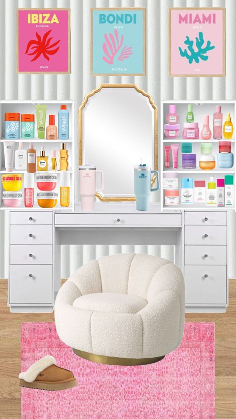 Teen Vanity Ideas, Preppy Vanity, Teen Vanity, Vanity Skincare, Skincare Vanity, Preppy Teen, Vanity Inspo, Pink Dorm Rooms, Room Wishlist