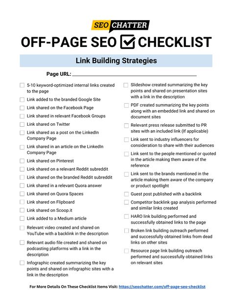 100% FREE off-page SEO checklist and template for you to download, copy, and print. Includes 3 versions: PDF, Excel, and Google Sheet. Use this off-page SEO cheatsheet to set up an effective link building strategy for every page you publish to create a strong foundation of high-quality backlinks for your content. Off Page Seo Checklist, Off Page Seo Strategy, Seo Strategy Template, Link Building Seo, On Page Seo Checklist, Backlink Strategy, Backlinks Building, Off Page Seo, Website Audit