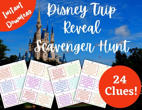 Disney Trip Reveal Scavenger Hunt, Trip Reveal Scavenger Hunt, Disney Trip Reveal, Disney Trip Surprise, Disney Reveal, Magical Theme, Disney Surprise, Florida Theme Parks, Scavenger Hunt Clues