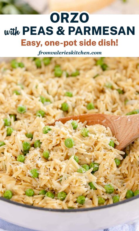 This fresh and bright Orzo with Peas and Parmesan is a versatile and delicious side dish recipe that takes just minutes to make. Lemon Orzo With Peas, Orzo With Peas And Parmesan, Parmesan Orzo And Peas, Orzo Peas Parmesan, Orzo And Peas Recipe, Orzo And Peas, Orzo With Peas, Pasta Side, Easter Side Dishes