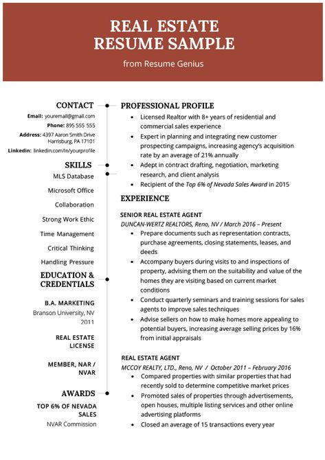 Real Estate Agent Resume & Writing Guide | Resume Genius Server Resume, Functional Resume Template, Accountant Resume, Resume Summary Examples, Sample Resume Templates, Sales Resume, Resume Template Examples, Resume Summary, Good Resume Examples